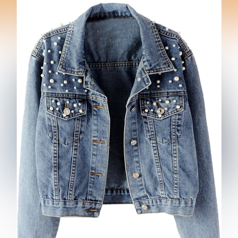 Pearl-Embellished Light Blue Denim Jean Jacket - Women